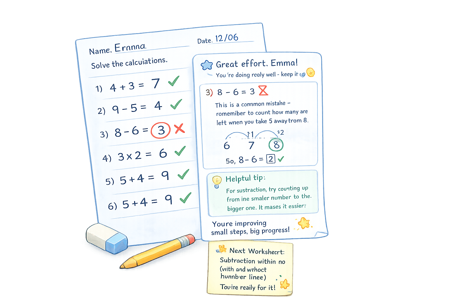 Illustration of a reviewed maths worksheet with kind feedback